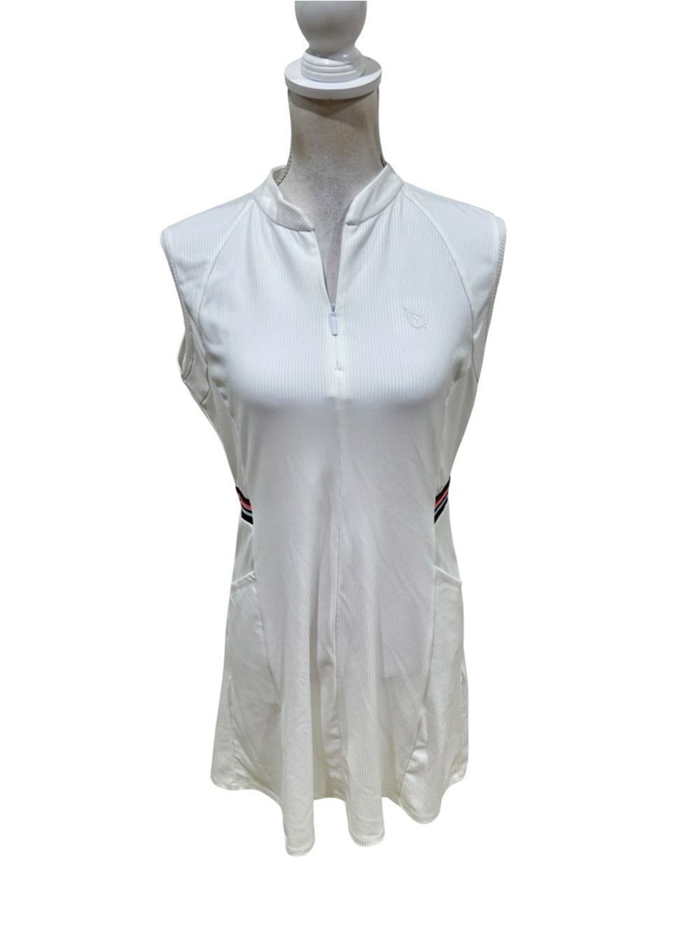 Baleaf White ribbed sleeveless zip Mini Dress Side Stripe back cutout large